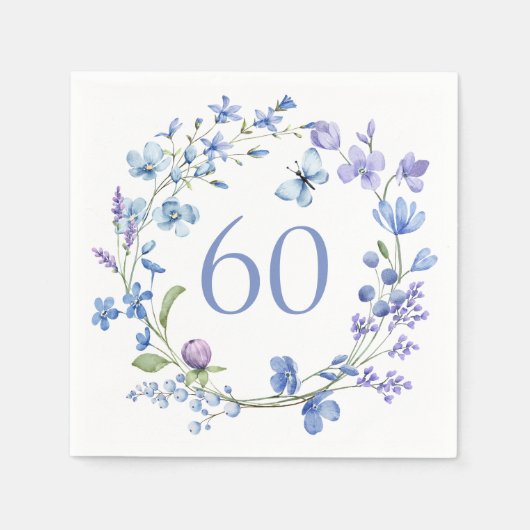 Serviette En Papier 60e anniversaire Aquarelle bleue florale (Devant)
