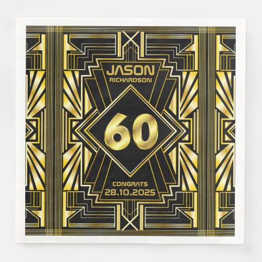 Serviette En Papier 60e anniversaire Art Déco Gold Black Great Gatsby (Devant)