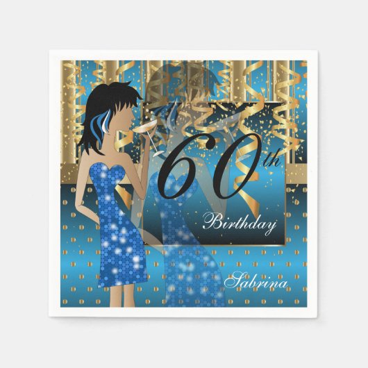 Serviette En Papier 60e anniversaire Bash Girl Party en bleu et or (Devant)