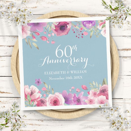 Serviette En Papier 60e anniversaire de Mariage Aquarelle Roses Floral
