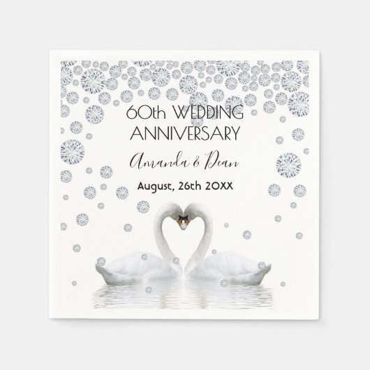 Serviette En Papier 60e anniversaire de mariage diamant cygnes blancs (Devant)