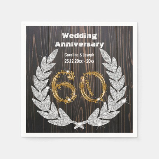 Serviette En Papier 60e Anniversaire Mariage Gold & Diamond Laurel Nap (Devant)
