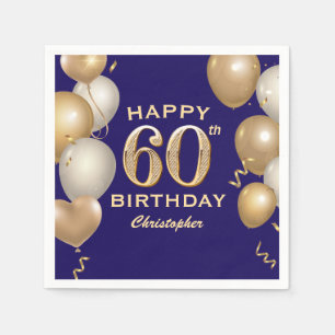 Serviette En Papier 60e Anniversaire Marine Bleu et Ballons d'or