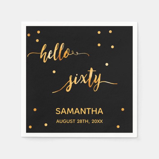 Serviette En Papier 60e anniversaire noir or bonjour 60 nom script (Devant)