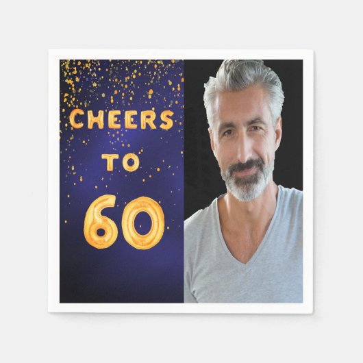 Serviette En Papier 60e anniversaire photo ballons d'or bleu (Devant)