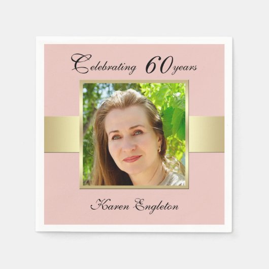 Serviette En Papier 60e anniversaire Rose de fête Gold Photo Napkins (Devant)