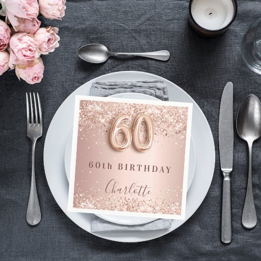 Serviette En Papier 60e anniversaire rose or blush nom de parties scin