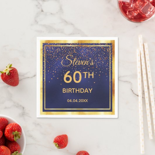 Serviette En Papier 60e anniversaire sur minuit bleu or confetti (En situation)