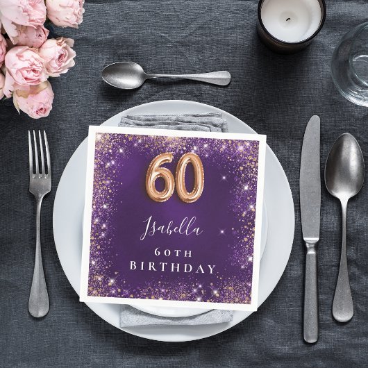 Serviette En Papier 60e anniversaire violet or nom parties scintillant