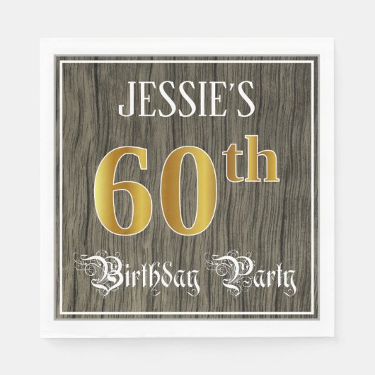 Serviette En Papier 60e fête d'anniversaire — Faux Gold & Faux Wood Lo (Devant)