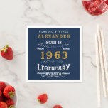 Serviette En Papier 60th Birthday 1963 Ajouter Nom Legendary Blue Gold<br><div class="desc">Anniversaire personnalisé ajoutez votre nom et serviette de papier de l'année. Modifiez le nom et l'année avec le modèle fourni. Une merveilleuse serviette d'anniversaire bleue personnalisée. Plus de cadeaux et de fournitures de fête disponibles avec le design "légendaire" dans le magasin.</div>