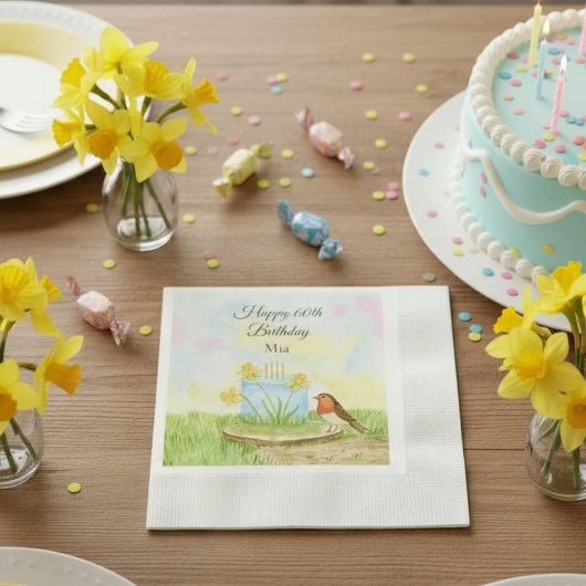 Serviette En Papier 60th Birthday Robin with Daffodil Cake