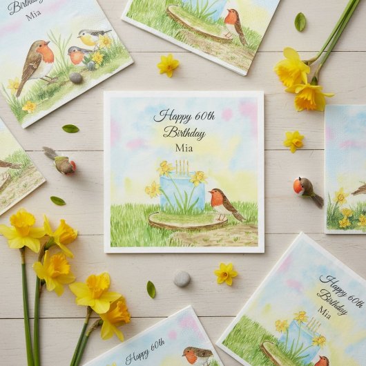 Serviette En Papier 60th Birthday Robin with Daffodil Cake