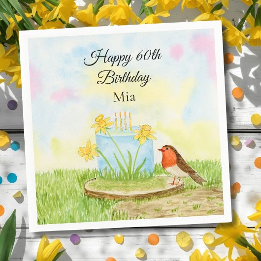 Serviette En Papier 60th Birthday Robin with Daffodil Cake