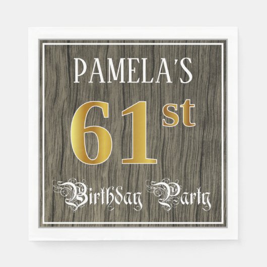 Serviette En Papier 61e fête d'anniversaire — Faux Gold & Faux Wood Lo (Devant)