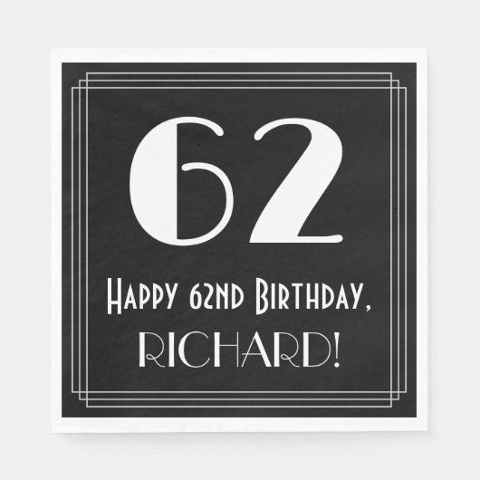Serviette En Papier 62e anniversaire ~ Art Déco Inspiré Look "62", Nom (Devant)