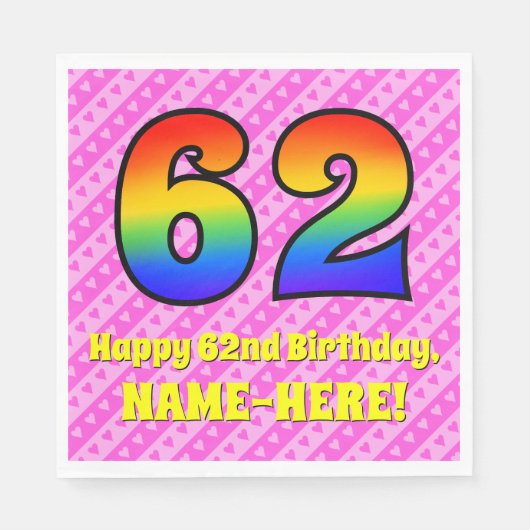 Serviette En Papier 62e anniversaire : Pink Stripes & Hearts, Arc en c (Devant)