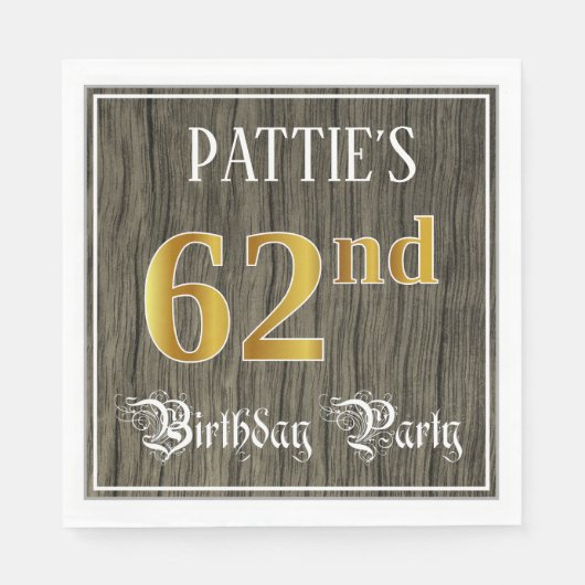 Serviette En Papier 62e fête d'anniversaire — Faux Gold & Faux Wood Lo (Devant)