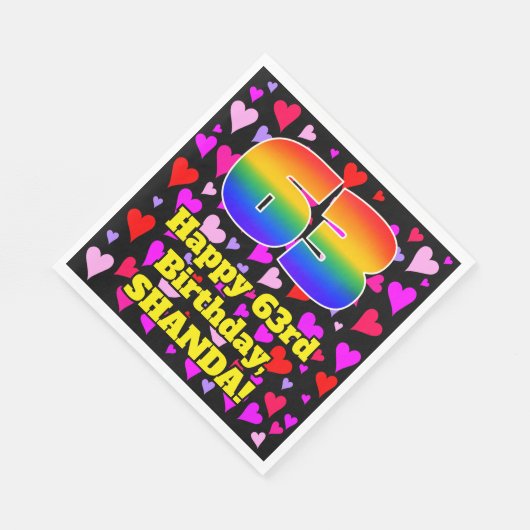 Serviette En Papier 63e anniversaire : Amour Hearts Motif, Arc-en-ciel (Coin)