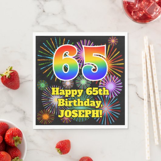 Serviette En Papier 65e anniversaire : Fun Fireworks Motif + Rainbow 6 (En situation)