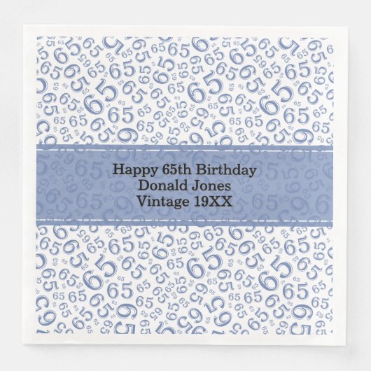 Serviette En Papier 65e anniversaire Numéro d'âge Motif bleu/blanc (Devant)