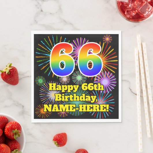Serviette En Papier 66e anniversaire : Fun Fireworks Motif + Rainbow 6 (En situation)