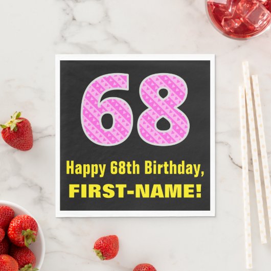 Serviette En Papier 68e anniversaire : Pink Stripes and Hearts "68" + (En situation)