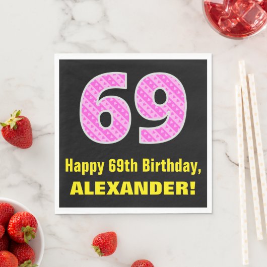 Serviette En Papier 69e anniversaire : Pink Stripes and Hearts "69" +  (En situation)