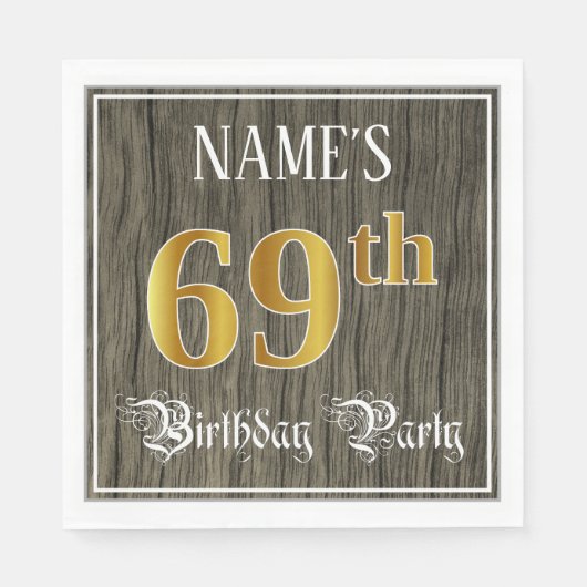 Serviette En Papier 69e fête d'anniversaire — Faux Gold & Faux Wood Lo (Devant)