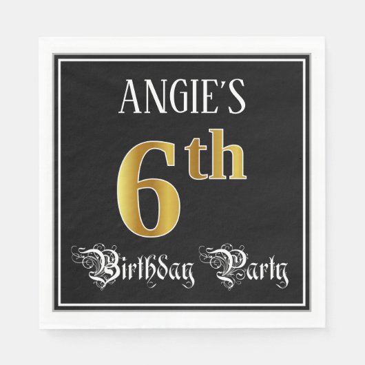 Serviette En Papier 6e fête d'anniversaire — Script fantaisie, look or (Devant)