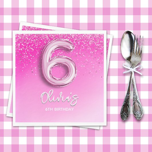 Serviette En Papier 6th Birthday Girl with Pink Ballon Number