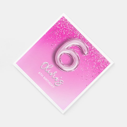Serviette En Papier 6th Birthday Girl with Pink Ballon Number (Coin)