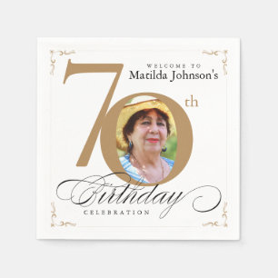 Serviette En Papier 70e Anniversaire Calligraphie Elégant White Gold P