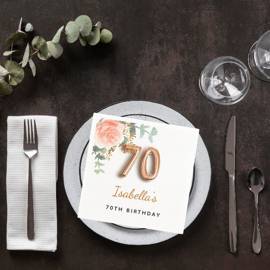 Serviette En Papier 70e anniversaire floral rose or eucalyptus monogra