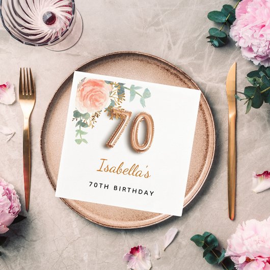 Serviette En Papier 70e anniversaire floral rose or eucalyptus monogra