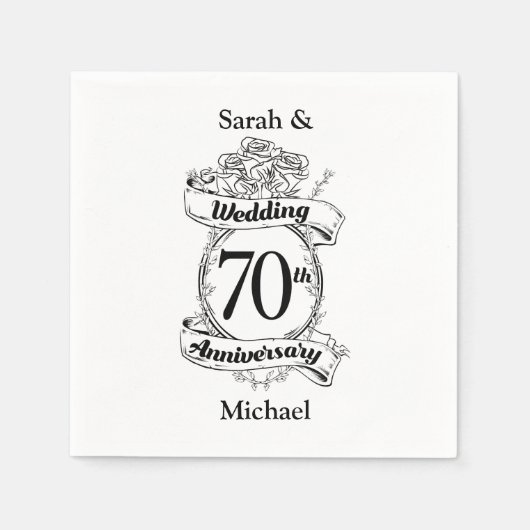 Serviette En Papier 70e anniversaire Mariage Fleurs Noir et blanc (Devant)