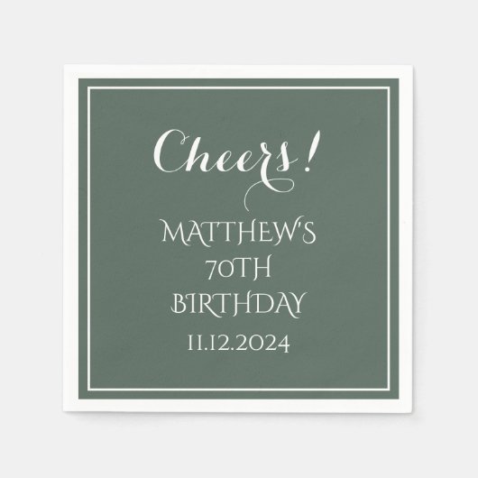 Serviette En Papier 70e anniversaire Sage Green Élégant Script Cheers (Devant)