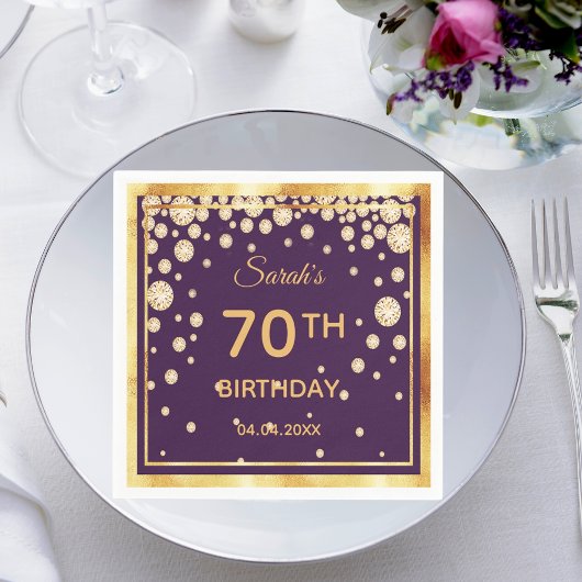 Serviette En Papier 70e anniversaire sur violet avec diamants d'or
