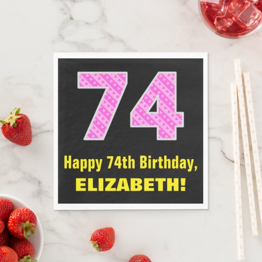 Serviette En Papier 74e anniversaire : Pink Stripes and Hearts "74" + (En situation)