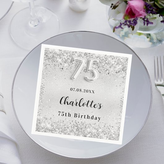 Serviette En Papier 75e anniversaire argent élégant confetti