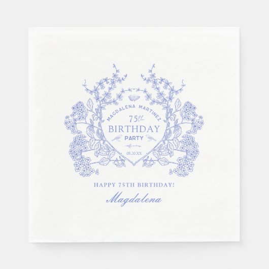 Serviette En Papier 75e anniversaire Français Blue Floral Crest Custom (Devant)
