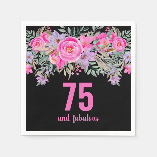 Serviette En Papier 75e anniversaire noir rose floral (Devant)