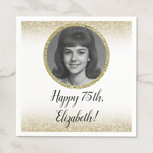 Serviette En Papier 75th Custom Photo White and Gold 