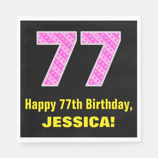 Serviette En Papier 77ème anniversaire : Pink Stripes and Hearts "77"  (Devant)