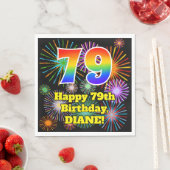 Serviette En Papier 79e anniversaire : Fun Fireworks Motif + Rainbow 7 (En situation)