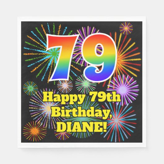 Serviette En Papier 79e anniversaire : Fun Fireworks Motif + Rainbow 7 (Devant)