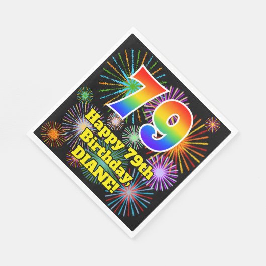 Serviette En Papier 79e anniversaire : Fun Fireworks Motif + Rainbow 7 (Coin)