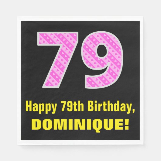Serviette En Papier 79e anniversaire : Pink Stripes and Hearts "79" + (Devant)