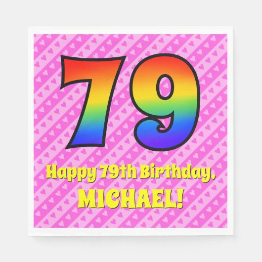 Serviette En Papier 79e anniversaire : Pink Stripes & Hearts, Arc en c (Devant)