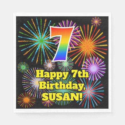 Serviette En Papier 7e anniversaire : Fun Motif Fireworks + Rainbow 7 (Devant)
